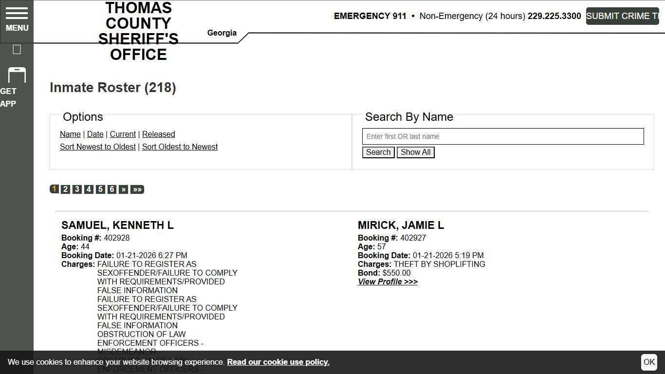 Inmate Roster | Thomas County Sheriff's Office | Sort Booking Time - Descending | Page 1