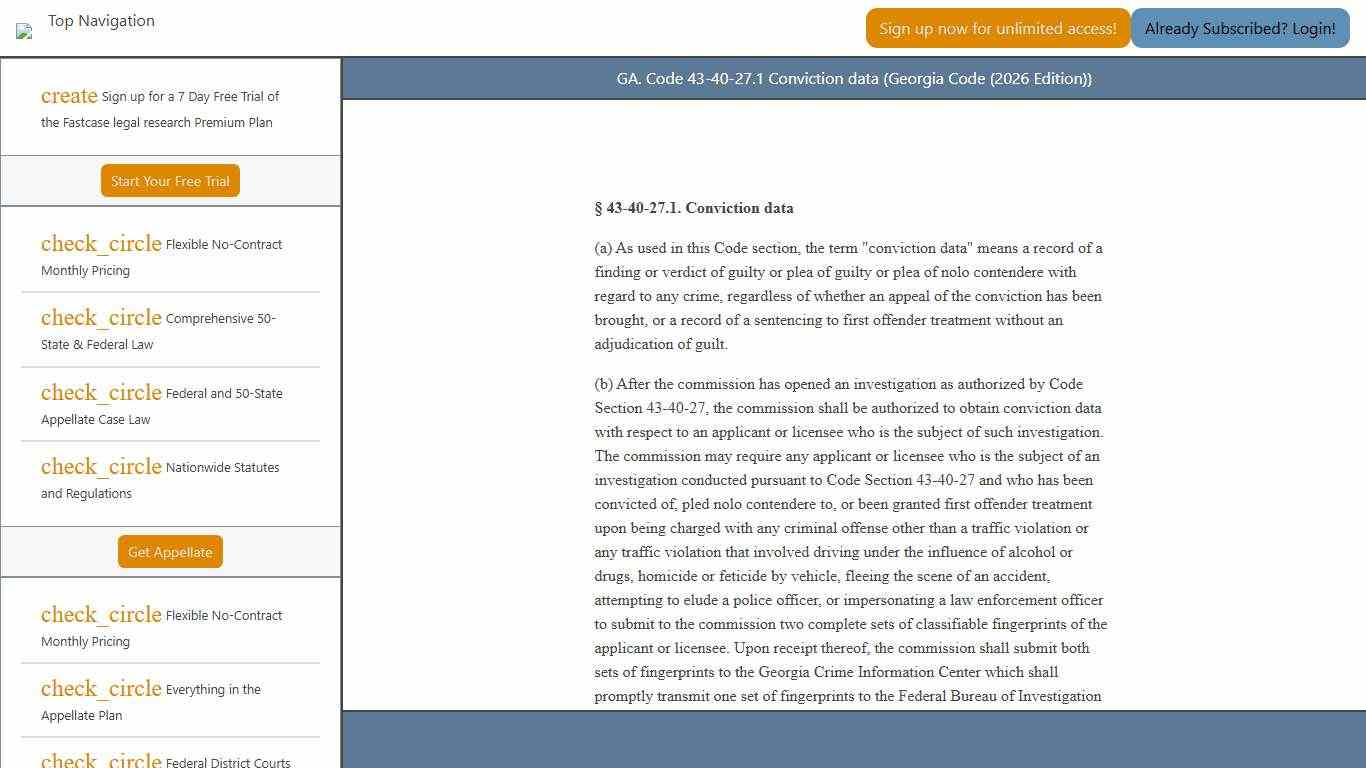 GA. Code 43-40-27.1 Conviction data (Georgia Code (2026 Edition)) - Fastcase Public Documents